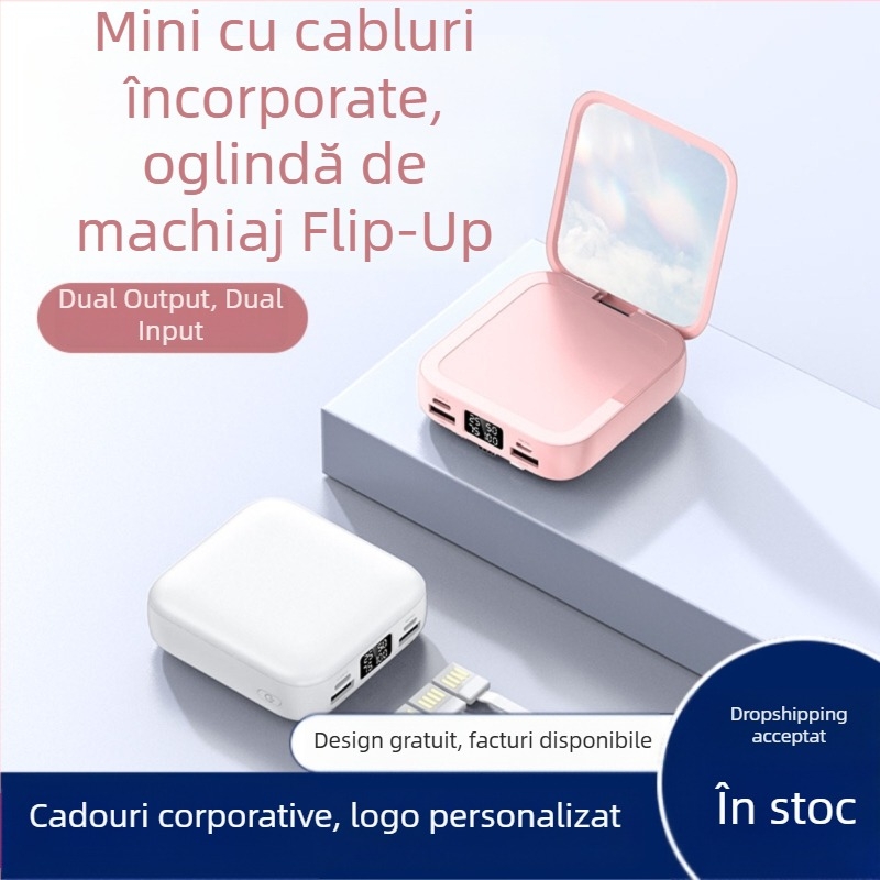 Oglindă de machiaj cu power bank de 20000 mAh, mini, universală, cablu de încărcare încorporat, imprimare logo