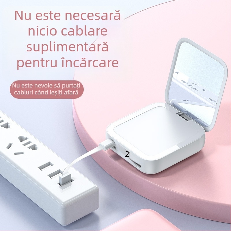 Oglindă de machiaj cu power bank de 20000 mAh, mini, universală, cablu de încărcare încorporat, imprimare logo
