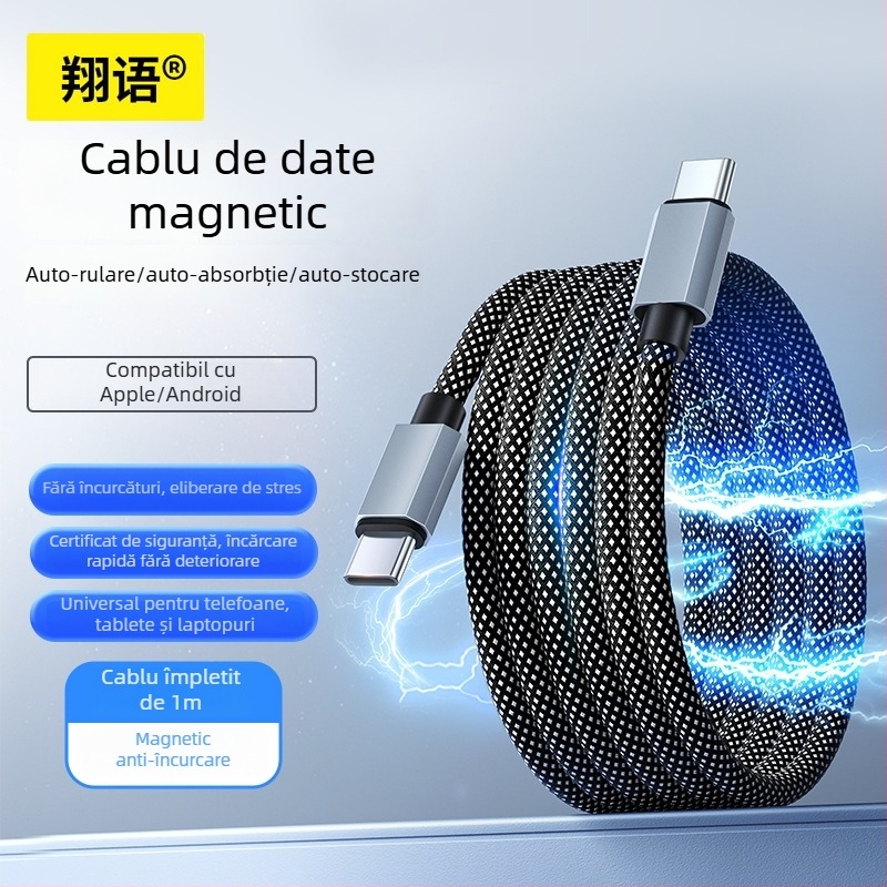 Cablu de date magnetic împletit, 66W încărcare rapidă, cu spațiu de stocare, pentru telefoane și tablete