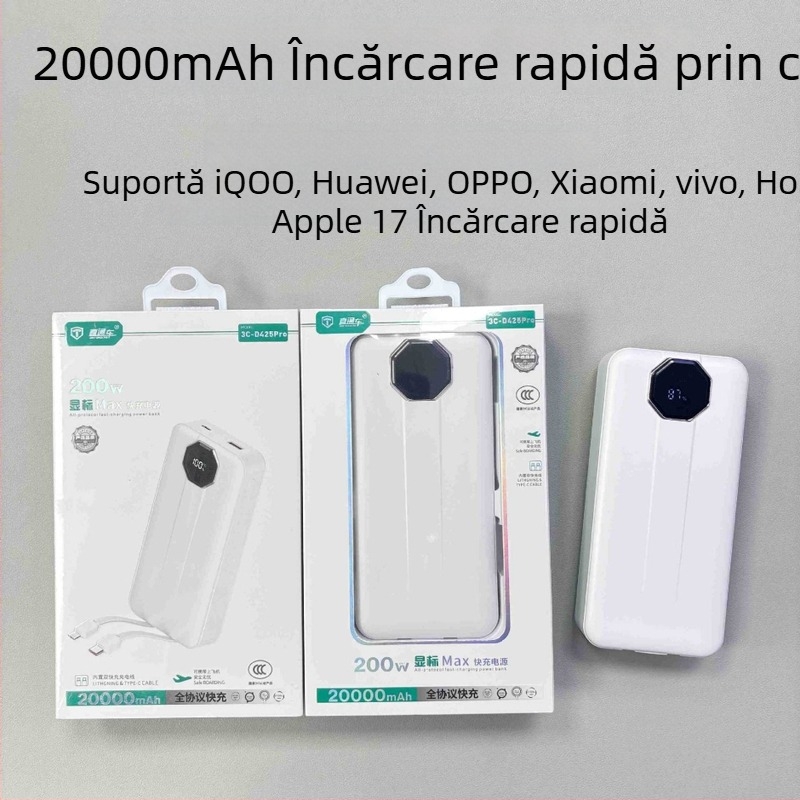 Power Bank certificat 3C, 20000mAh, încărcare rapidă, cablu dublu încorporat
