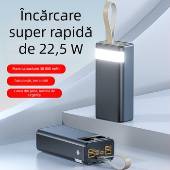 Power bank de 30000 mAh, încărcare rapidă PD 22,5W, cu șnur pentru purtare, încărcare bidirecțională, portabil