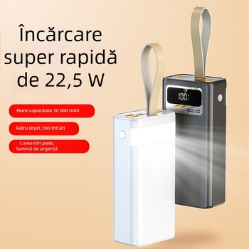 Power bank de 30000 mAh, încărcare rapidă PD 22,5W, cu șnur pentru purtare, încărcare bidirecțională, portabil