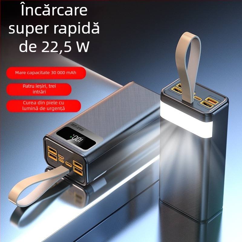 Power bank de 30000 mAh, încărcare rapidă PD 22,5W, cu șnur pentru purtare, încărcare bidirecțională, portabil