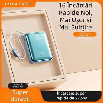 Power Bank mini de 10000mAh, cablu împletit încorporat, încărcare rapidă PD 2.0