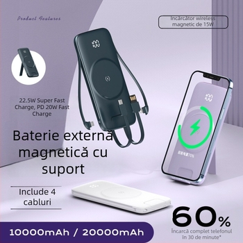 Power bank MagSafe cu încărcare wireless, magnetic, 20000 mAh, cu suport încorporat pentru patru cabluri