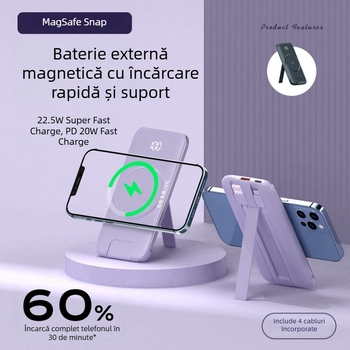 Power bank MagSafe cu încărcare wireless, magnetic, 20000 mAh, cu suport încorporat pentru patru cabluri