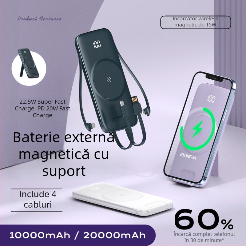 Power bank MagSafe cu încărcare wireless, magnetic, 20000 mAh, cu suport încorporat pentru patru cabluri