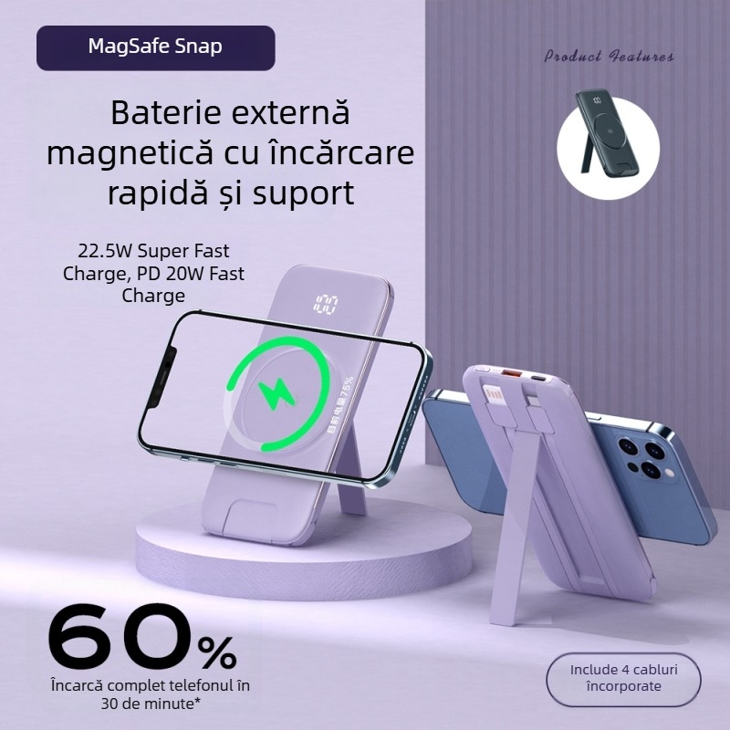 Power bank MagSafe cu încărcare wireless, magnetic, 20000 mAh, cu suport încorporat pentru patru cabluri