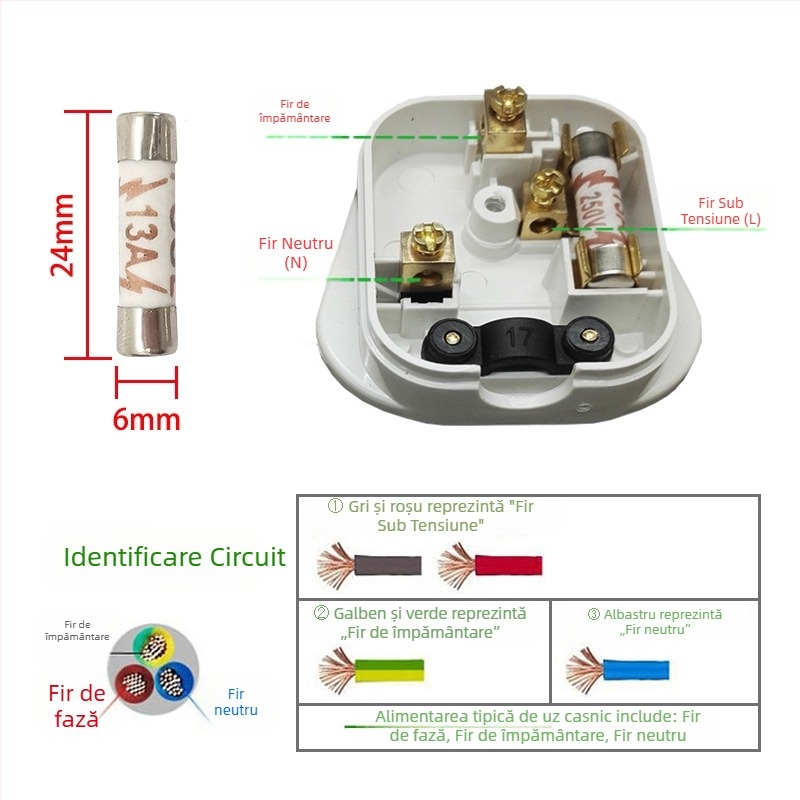 Plug britanic standard 13A, cupru pur, versiune UK, 3 pini, cu siguranță
