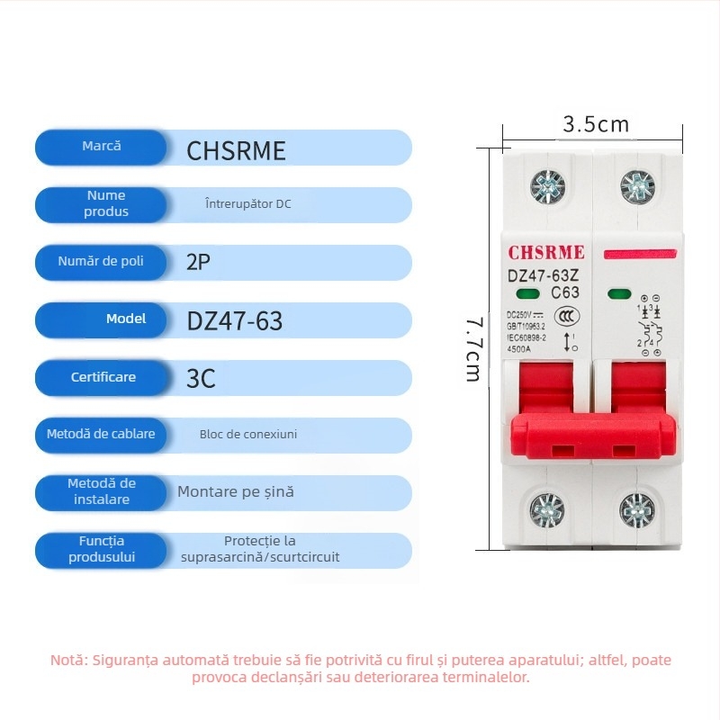 Întrerupător de circuit pentru curent continuu, miniatural, pentru sisteme fotovoltaice și conexiuni ale bateriei