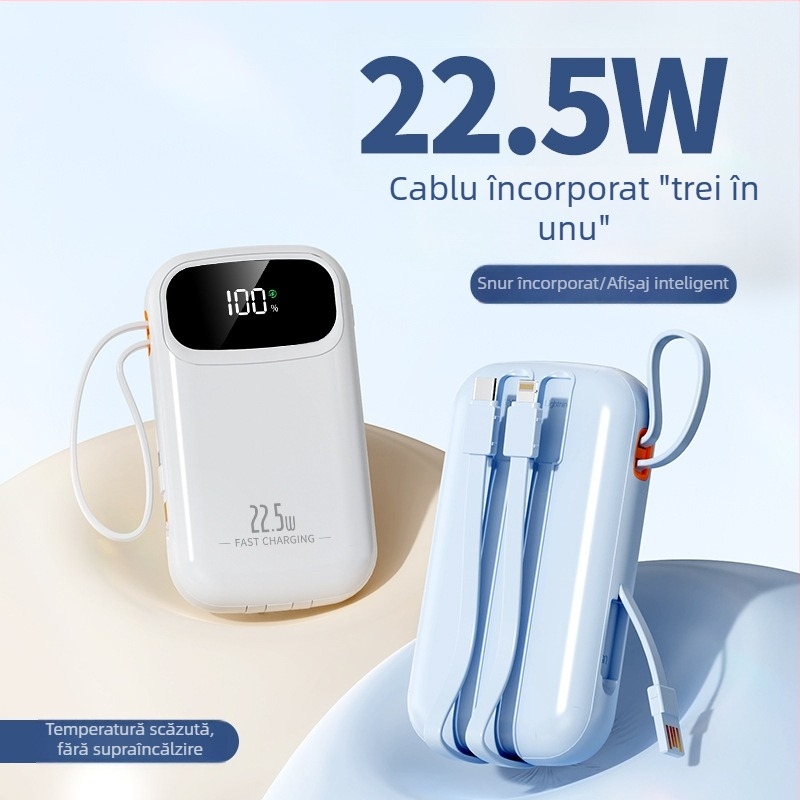 Power bank cu încărcare rapidă de 22,5W, cablu încorporat, portabil, capacitate 10000 mAh, logo personalizat