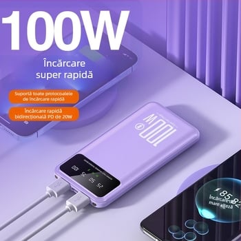 KC Power bank cu cablu încorporat, 20.000 mAh, încărcare rapidă 100W PD, capacitate mare, portabil, personalizabil