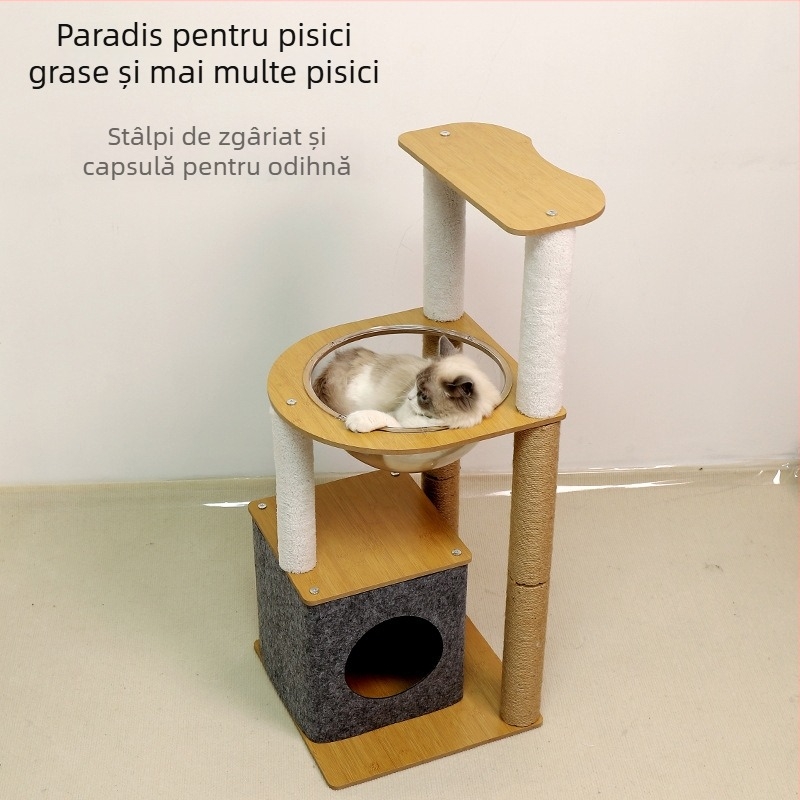 Arbore pentru pisici din lemn masiv cu cuib și placă de zgâriere, vilă pe coloană și platformă de cățărare tridimensională