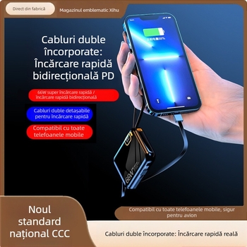 Power Bank 10000mAh cu cablu încorporat, compactă, capacitate mare, stil desen animat, încărcare rapidă PD3.0