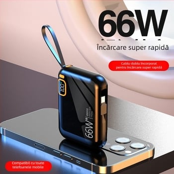 Power Bank 10000mAh cu cablu încorporat, compactă, capacitate mare, stil desen animat, încărcare rapidă PD3.0