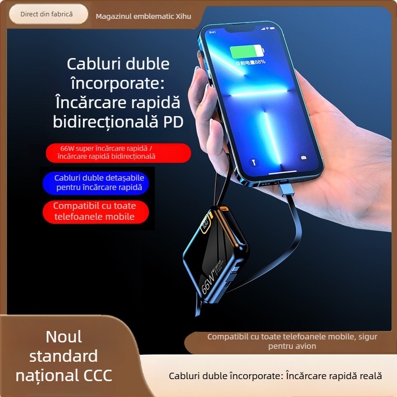 Power Bank 10000mAh cu cablu încorporat, compactă, capacitate mare, stil desen animat, încărcare rapidă PD3.0