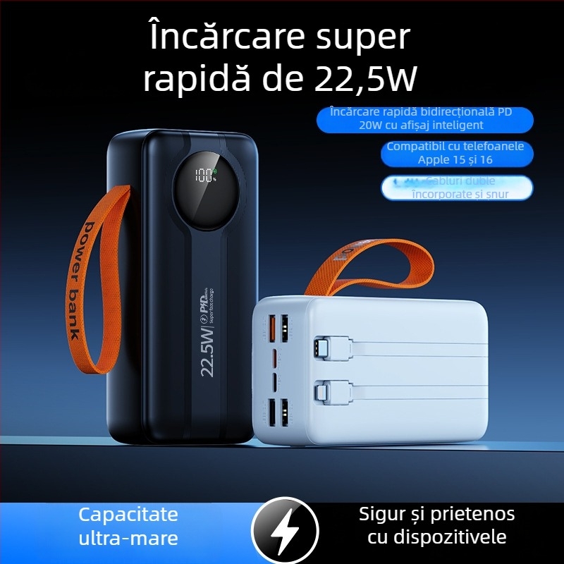 Baterie externă pentru aer liber, 50.000 mAh, afișaj digital, cablu încorporat și ieșire USB, încărcare rapidă