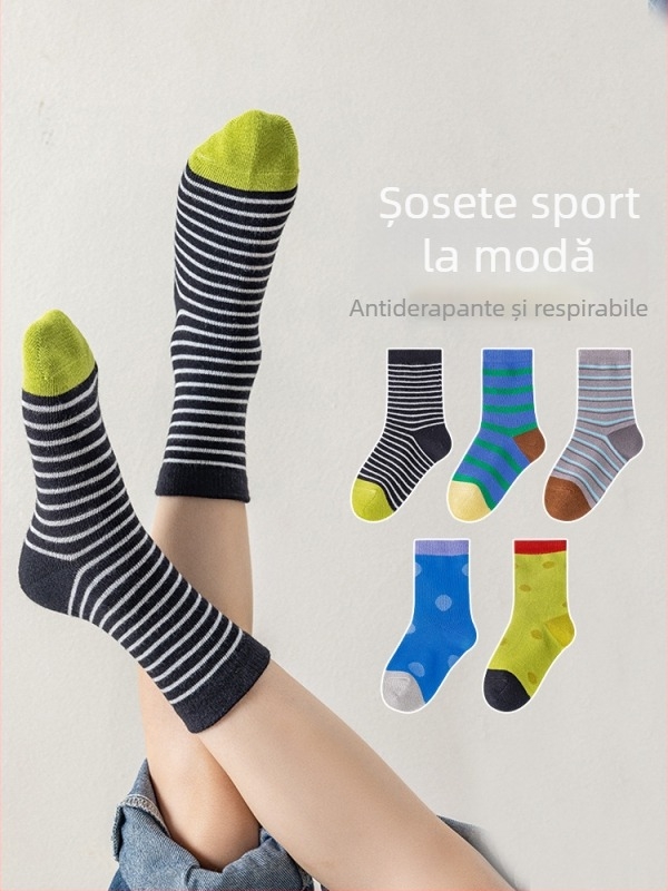 Șosete de copii din bumbac, lungime medie, stil coreean, jacquard cu dungi, respirante și absorbante de transpirație, pentru primăvară, toamnă și iarnă.
