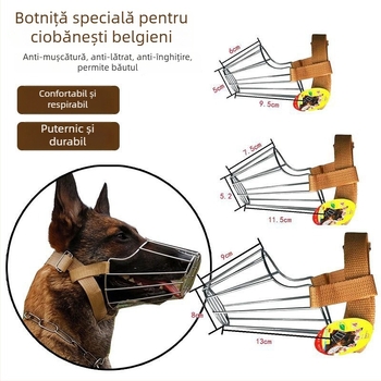 Botniță metalică pentru câini de talie medie spre mare; anti mușcătură, anti lătrăt și anti mestecat; potrivită pentru Malinois și German Shepherd