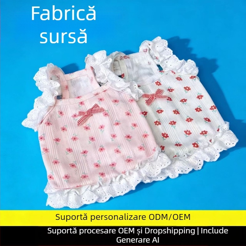 Rochie de primăvară-vară pentru câini, dantelă florală, bretele, stil prințesă