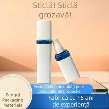 Recipient PET pentru loțiune, pătrat albastru‑alb, ambalaj cosmetic cu pompă