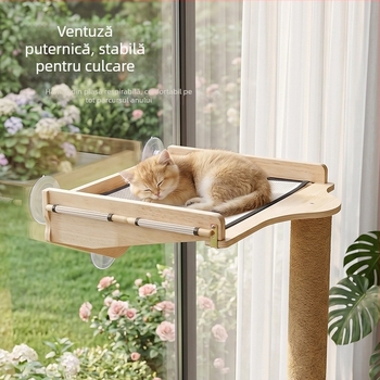 Stâlp vertical pentru zgâriere pisici din sisal, cu cadru de cățărare integrat și hamac cu ventuze