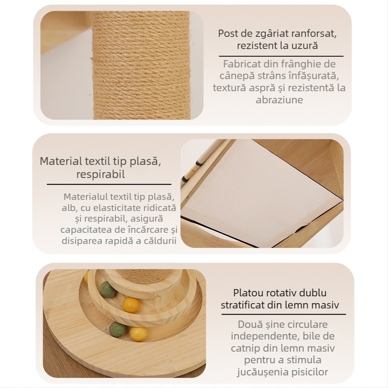Stâlp vertical pentru zgâriere pisici din sisal, cu cadru de cățărare integrat și hamac cu ventuze