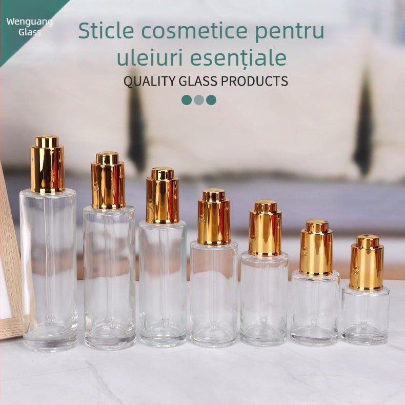 Sticluță transparentă de sticlă pentru ulei esențial, capac auriu și pipetă