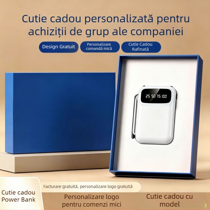 Cadou corporativ de lux într-o cutie premium, baterie externă încorporată cu cabluri 4-in-1 și logo personalizat