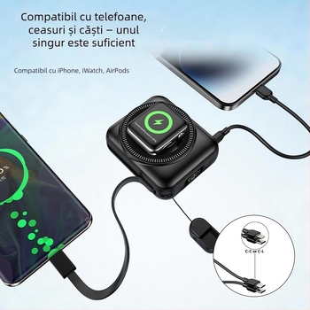 Baterie externă 3 în 1 cu încărcare rapidă și încărcare magnetică, 10000 mAh, cu cablu, pentru telefoane, căști și ceasuri