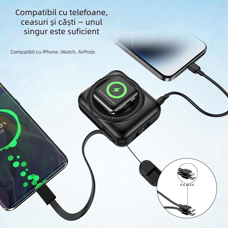 Baterie externă 3 în 1 cu încărcare rapidă și încărcare magnetică, 10000 mAh, cu cablu, pentru telefoane, căști și ceasuri