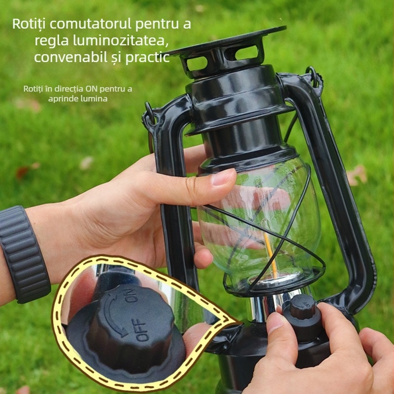 Felinar solar din sticlă pentru camping – lanternă impermeabilă pentru exterior, reîncărcabilă, lumină ambientală pentru cort, stil lampă kerosenă