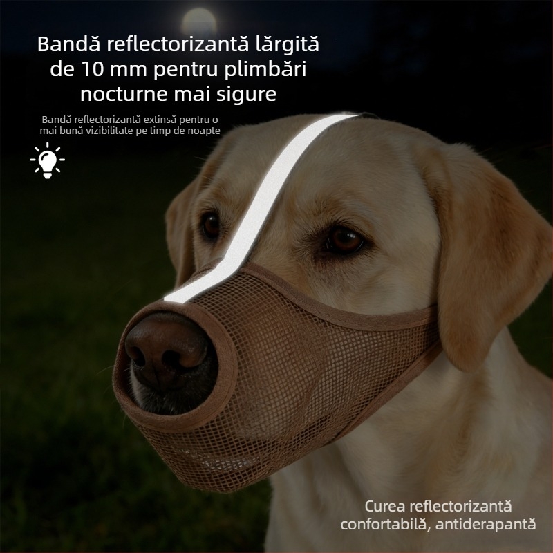 Mască de bot pentru câini din PVC — respirabilă, reflectorizantă, anti-mușcare, anti-ingestie accidentală, anti-evadare