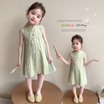 Rochie de vară pentru fetițe cu imprimeu floral, fără mâneci, croială în A, stil chinezesc, 2026