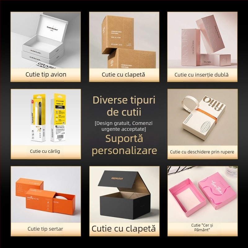 Ambalaj cosmetic personalizat: cutie exterioară albă din carton, cutie colorată cu bucle pentru agățare, cu fereastră, cutie ondulată tip avion