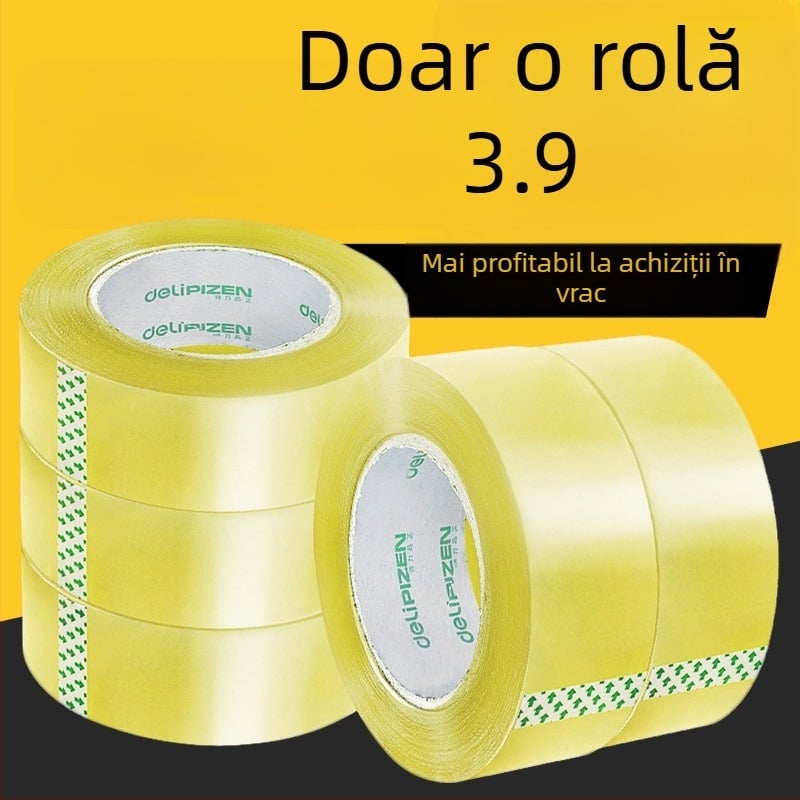Bandă de ambalare transparentă, 52 mm, lățime 45 mm, lungime 100 m, film BOPP, adeziv sensibil la presiune, pentru mutări și sigilarea cutiilor