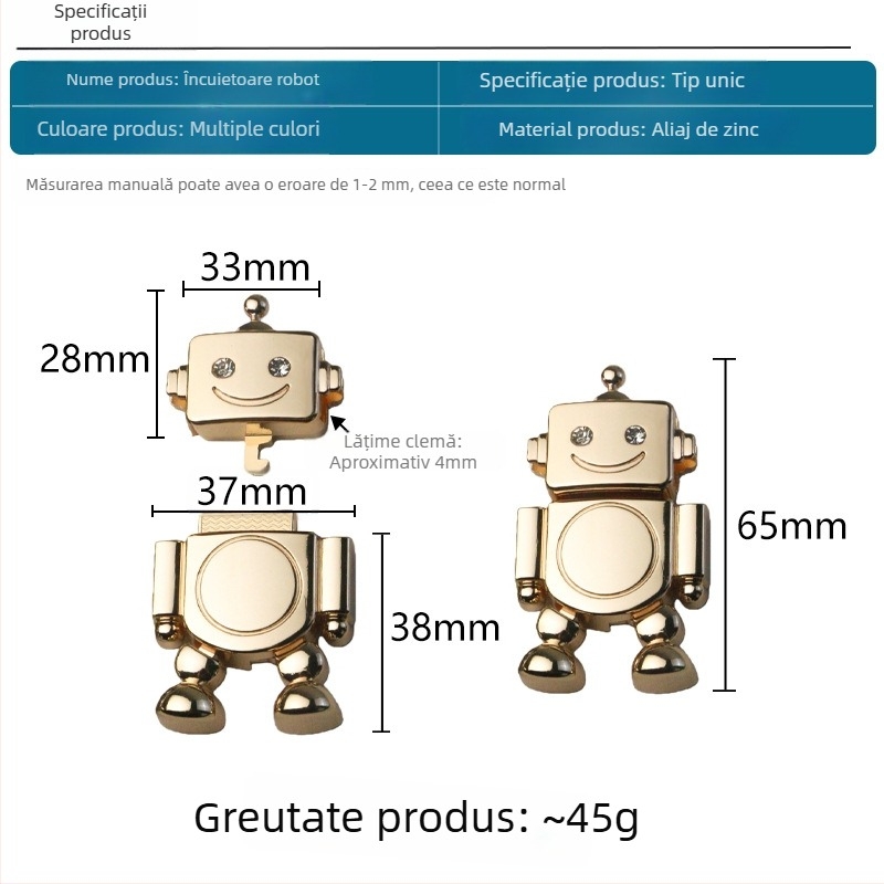 Încuietură în formă de robot din aliaj de zinc, cu diametrul exterior de 65 mm, pentru genți și cutii