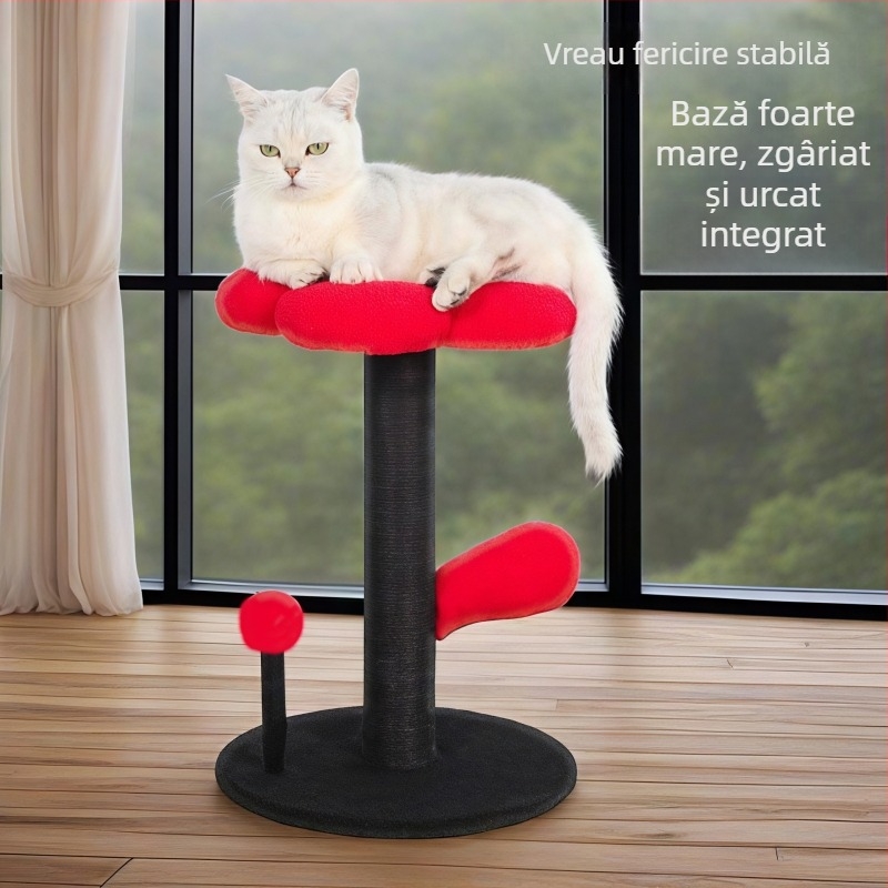 Cadru nou de cățărare pentru pisici, cu cuib în formă de floare, platformă de sărit, minge cu arc elastic și coloană din sisal, amprentă mică.