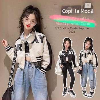 Jachetă color-block pentru fetițe, baseball, cardigan scurt, stil coreean, 2025
