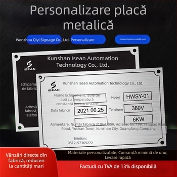 Plăci metalice pentru echipamente cu logo personalizat; materiale: oțel inoxidabil, aluminiu, alamă, acrilic sau PVC; plăci bicolor pentru branding și etichetare; marcare UV și serigrafie.
