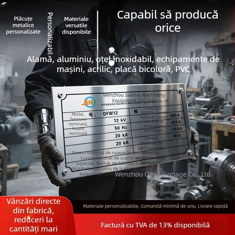 Plăci metalice pentru echipamente cu logo personalizat; materiale: oțel inoxidabil, aluminiu, alamă, acrilic sau PVC; plăci bicolor pentru branding și etichetare; marcare UV și serigrafie.