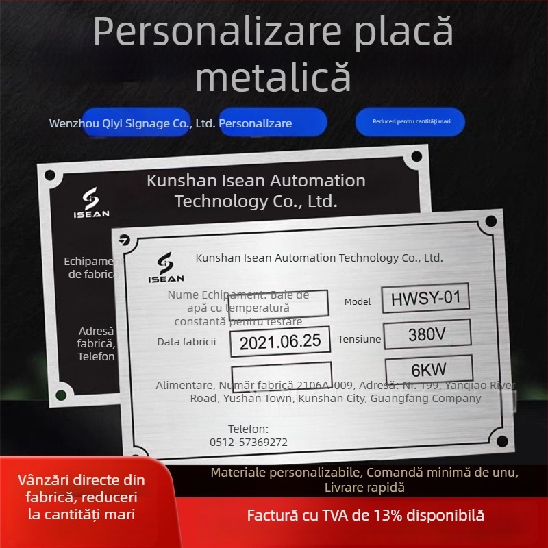 Plăci metalice pentru echipamente cu logo personalizat; materiale: oțel inoxidabil, aluminiu, alamă, acrilic sau PVC; plăci bicolor pentru branding și etichetare; marcare UV și serigrafie.