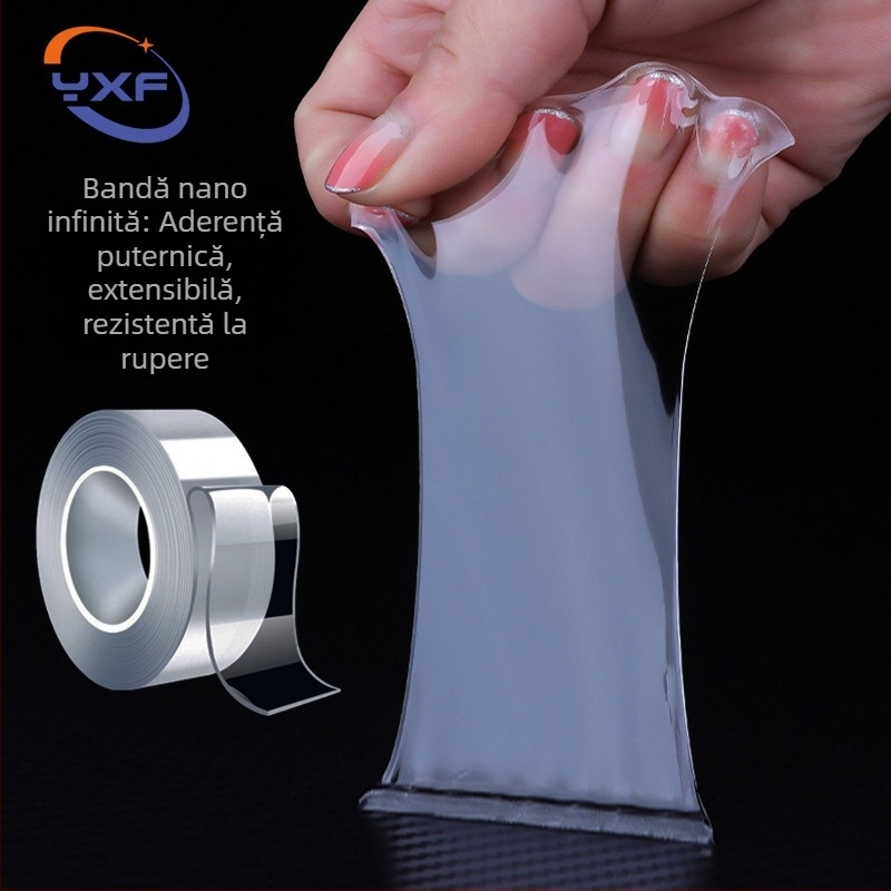 Bandă dublu-adezivă nano, aderență ultra-puternică, lavabilă și reutilizabilă, acril transparent, fără urme