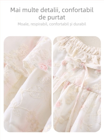 Rochie mov pentru fetițe mici, vară respirabilă, stil prințesă, bretele, imprimeu floral