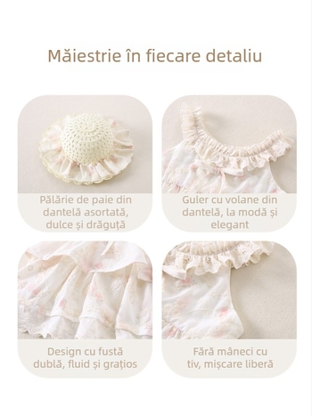 Rochie mov pentru fetițe mici, vară respirabilă, stil prințesă, bretele, imprimeu floral