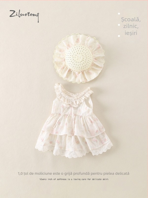Rochie mov pentru fetițe mici, vară respirabilă, stil prințesă, bretele, imprimeu floral