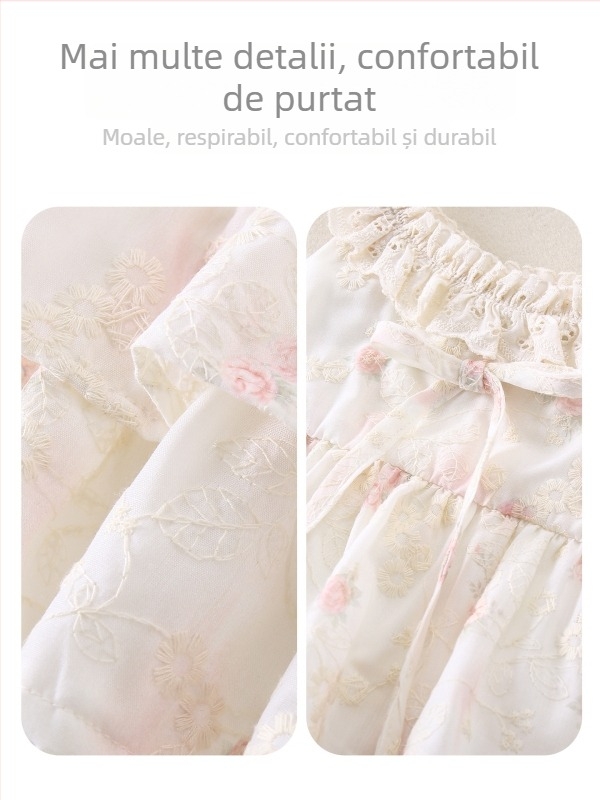 Rochie mov pentru fetițe mici, vară respirabilă, stil prințesă, bretele, imprimeu floral