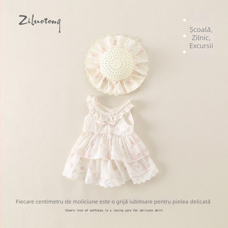 Rochie mov pentru fetițe mici, vară respirabilă, stil prințesă, bretele, imprimeu floral