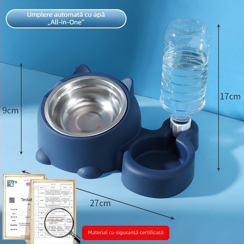 Set dublu de boluri pentru pisici și câini, dozator de apă și mâncare, plastic ABS, albastru