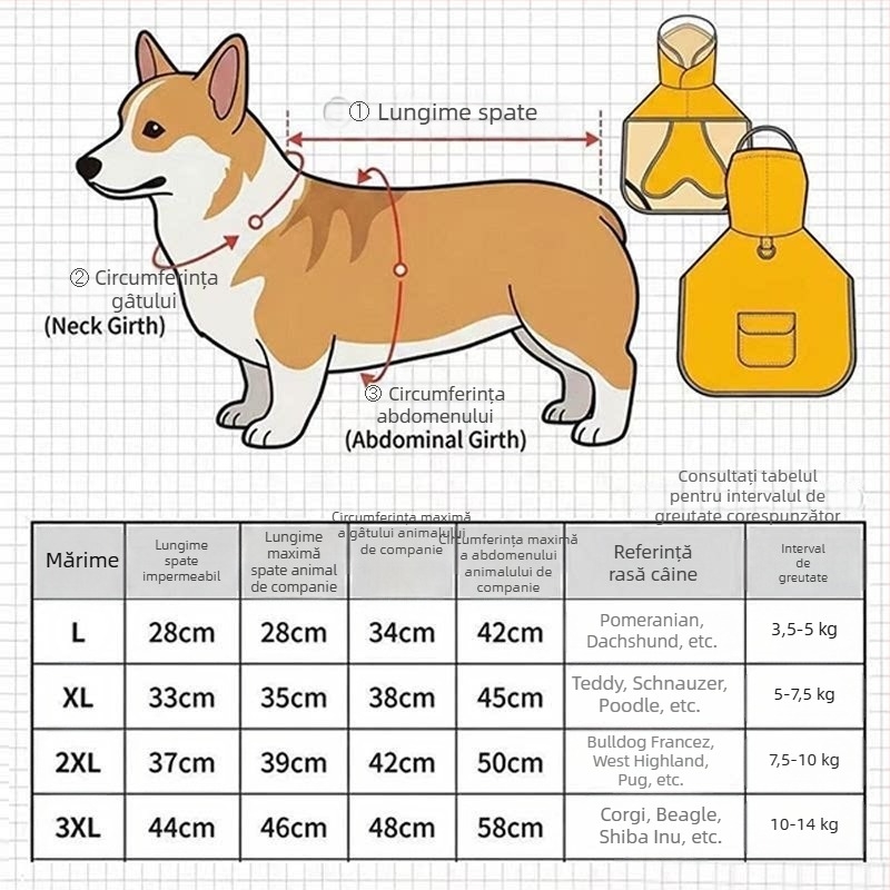 Pelerină impermeabilă pentru câini cu mască facială, pentru corgi, shiba inu și bulldog francez - haine de ploaie pentru plimbări în zile ploioase.